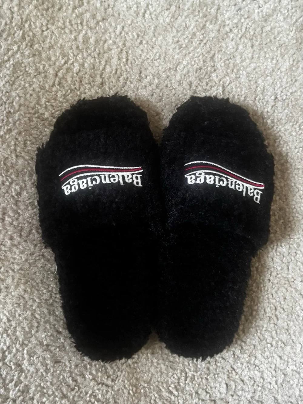 Balenciaga Black Fleece Slide with Embroidered Logo and Stripe